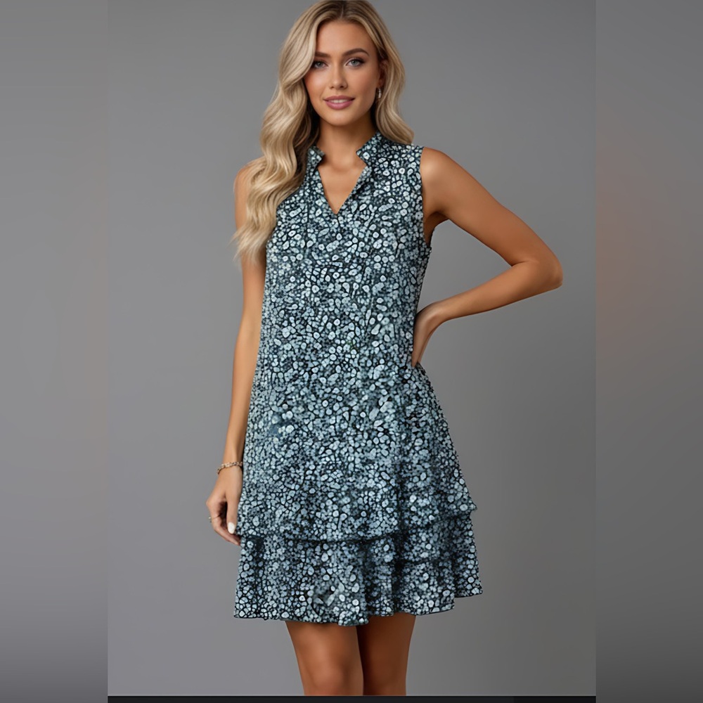 Green Floral Print Collar And Ruffle Trim Hem Dress - Picture 3 of 8